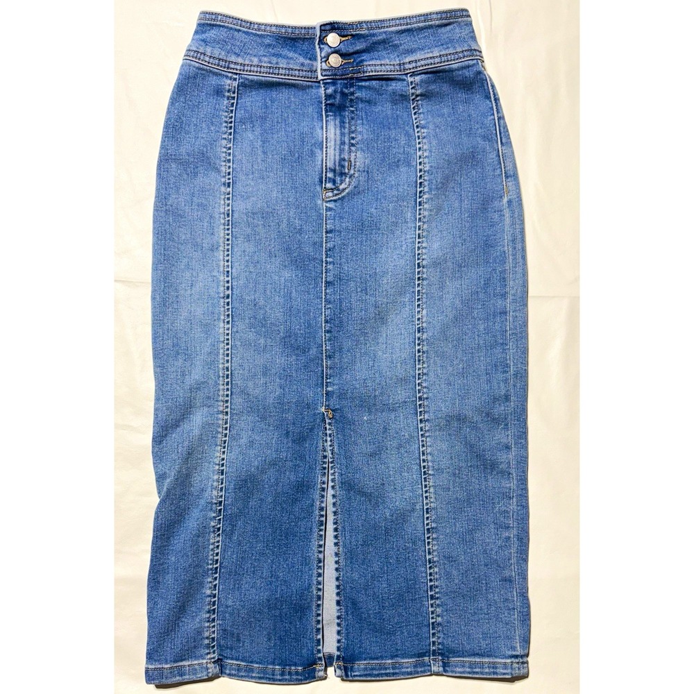 We The Free Skirt Womens 26 Blue Denim Cotton Midi Pencil Button Front Slit